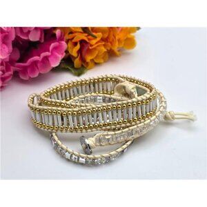 Victoria Emerson White Leather Wrap Bracelet Multi Crystal Bead 36in Adjustable